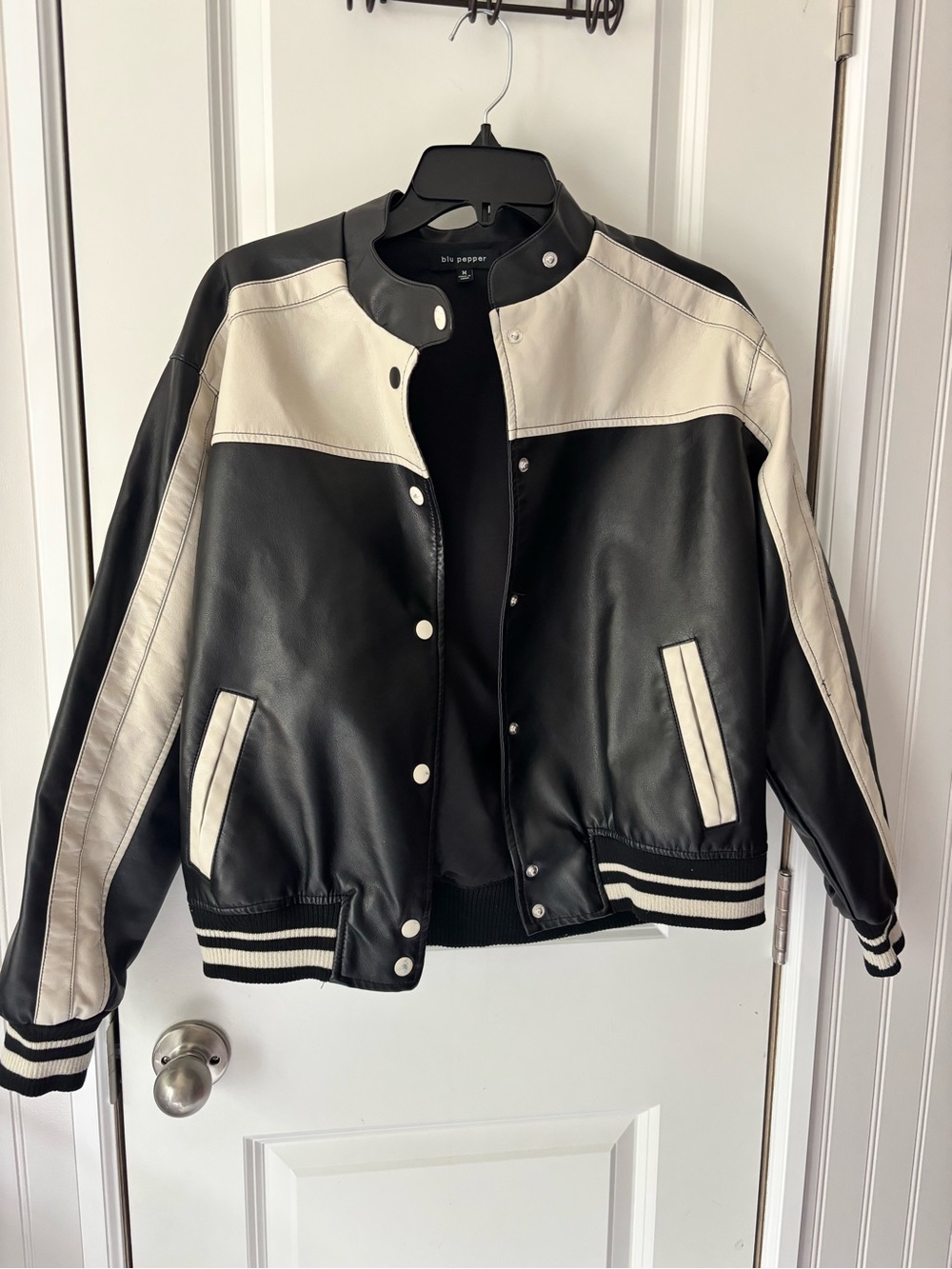 BB Dakota Black and Cream Faux Leather Varsity Jacket